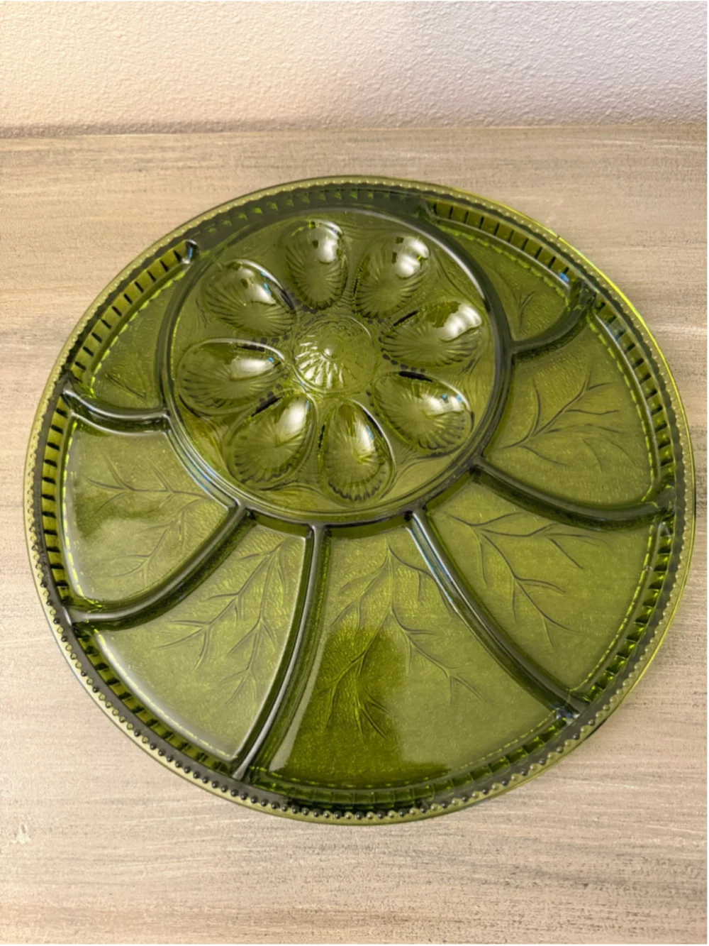 Indiana Glass Olive Green Tree of Life Deviled Egg & Relish Tray - Mint